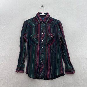 Vintage Wrangler Shirt Mens M Western Flannel Pearl Snap Striped Rodeo Cowboy